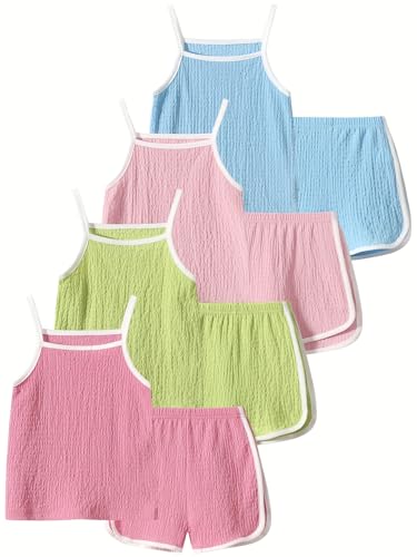 Fdqin 8 Piece Short Set for Girls Camisole Tops and Contrast Binding Beach Shorts Cotton Linen Clothes Set Multicolor 9 Years