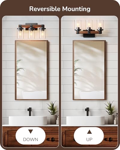 Image of EDISHINE Farmhouse 3-Light Wall Sconce, Bathroom Vanity Lights Over Mirror | Clear Glass Shades, Wood Grain Paint, E26 Standard Medium Base, Vintage & Elegant Design for Vanity Table, Living Room