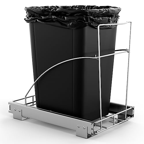 TANGZON Pull Out Trash Can Slider, 29L Adjustable Trash Can Under Cabinet Rack with Rubber Bumpers, Under Sink Garbage Can Sliding Shelf for Kitchen Laundry Room, Trash Can Not Included