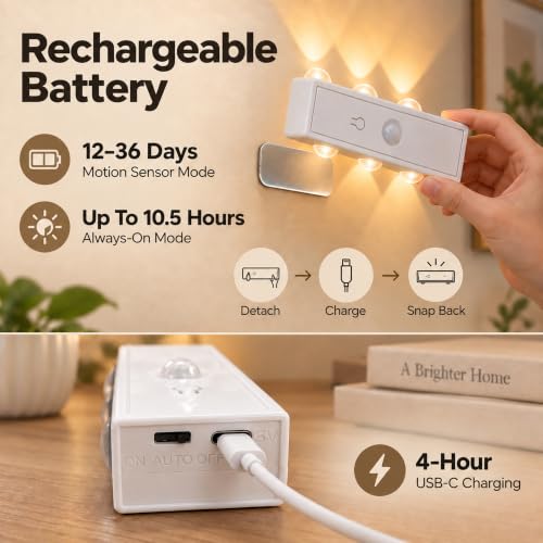 Lazukes Motion Sensor Wall Light Rechargeable Battery Operated Wall Sconces | Wireless No Drill Indoor Lamp, Peel and Stick 3CCT Magnetic Adhesive Wall Sconce for Hallway Stair Bedroom Closet - image 6