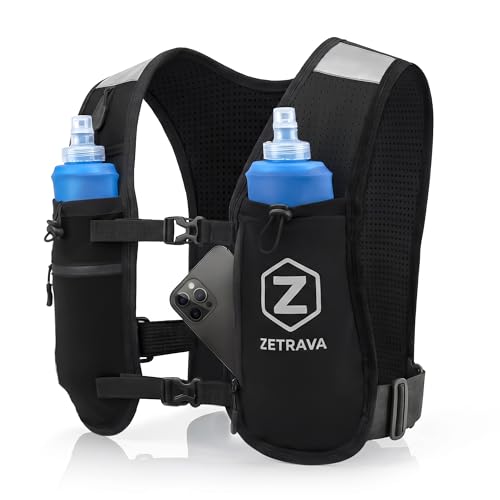 Adjustable Running Vest for Men Women – Running Hydration Vest with Two 500ml Bottles & Reflective Strips, Multiple Pockets & Bounce-Free Fit – Runners Vest for Marathon, Hiking & Cycling – Black
