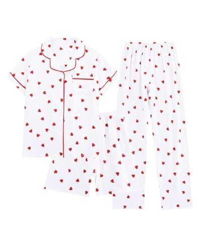 Image of codcm Womens 3pcs Cotton Pajamas Set Short Sleeve Sleepwear Fruit Print Cute Pj Set with Long Pants