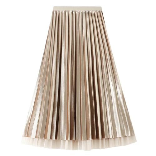 Generisch Media falda de malla de terciopelo dorado para mujer con falda plisada larga de cintura alta en ambos lados, beige, talla única