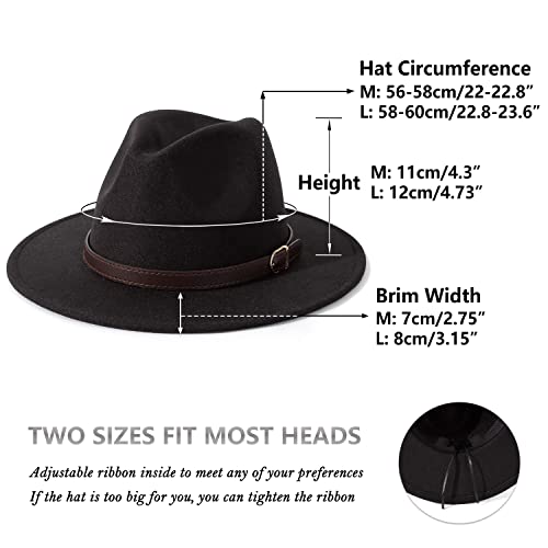 Lisianthus Men & Women Fedora Hat - Belt Buckle Wide Brim Panama Hat Black 58-60Cm #TOP4