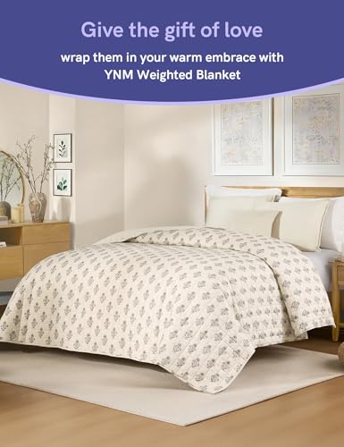 Image of YnM King Size Linen Weighted Blanket for Adults (88x104 Inches, 25 Pounds, Damask), Exclusive Smallest Compartments, Heavy Bed Blanket for Two Persons of 110~190lbs on Queen or King Bed