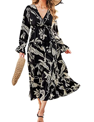 Missky Casual Boho Floral Printed Sexy V Neck Long Sleeve High Waist Maxi Dresses,Black Xl #TOP13