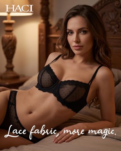 Image of HACI Women's Lace Mesh Balconette Bra Sheer Demi Scoop Neck Sexy Unlined | Underwire, see through, adjustable strap
