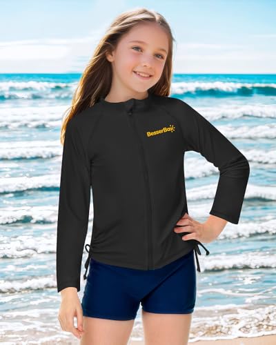 Image of BesserBay Big Girls Long Sleeve UPF 50+ Black Orange Ruched Side Surfing Shirt Zipper Quick-Dry Rashguard 13-14 Years