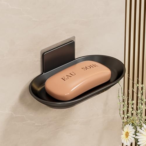 Image of Tenom Soap Stand for Bathroom Wall Mounted, Space Aluminum Soap Holder for Bathroom Stickable, Rustproof Soap Dish, Durable Soap Box with Drain Tray (1, Black)