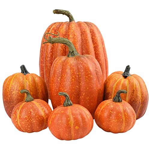 7Pcs Artificial Pumpkins Faux Foam Fall Harvest Pumpkin Halloween Thanksgiving Decorations Indoor for Home, Lifelike Simulation Foam Pumpkins Set Fall Harvest Home Party Supplies