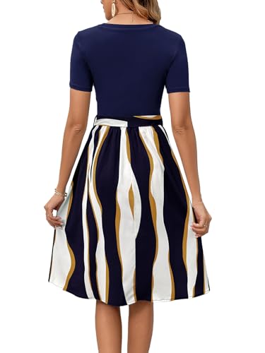 Image of Women's Elegant Vintage Round Neck Short Sleeve Summer Casual Work Party A-Line Dress with Belt 809