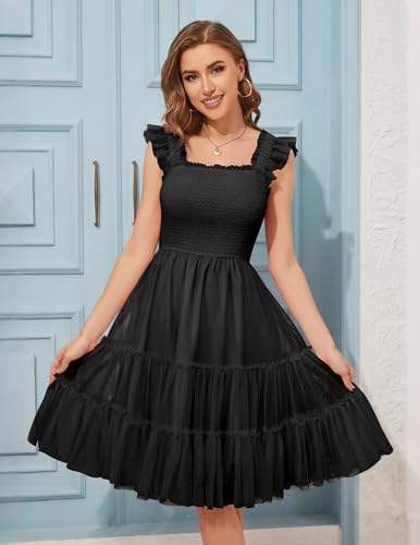 Image of Meetjen Womens Casual Summer Dresses Sleeveless Smocked 2026 Flowy Tulle Ruffle Party Square Neck Tiered Wedding Guest Dress