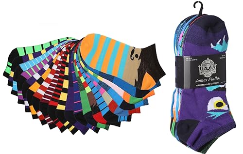 JAMES FIALLO Men's 20 Pairs Classy Extra Lightweight Colorful Patterned Low Cut/No Show Socks Size 10-132