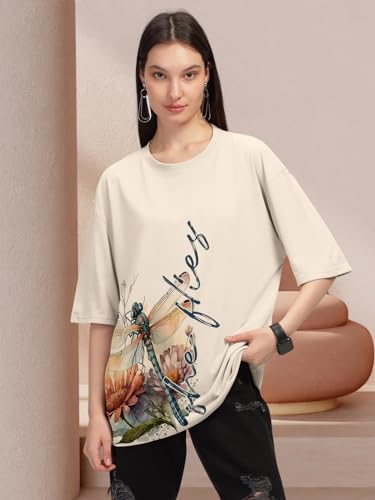 Image of HELLCAT Beige Trendy Printed Oversized T-Shirt for Women