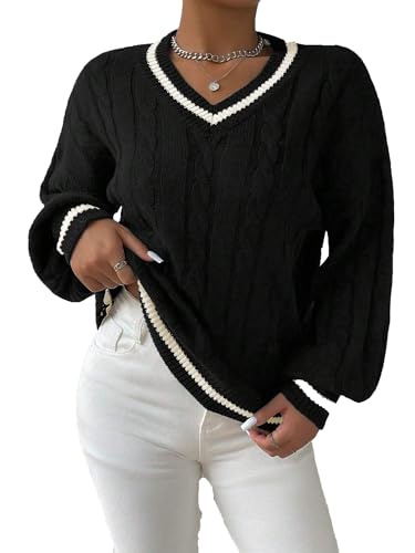 Image of ZAFUL Women's Cropped Sweater V-Neck Long Sleeve Pullover Jumper Knit Top | Crop Length, Ribbed Knit, Double V design, White sweater, Raglan sleeves, lantern sleeve, Fall & Winter, Loose fit, Oversized