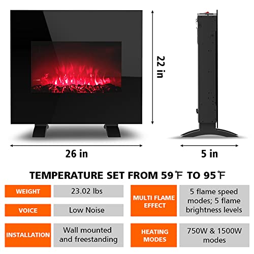 LifePlus Electric Fireplace, 26 Inch Wall Mounted & Freestanding LED Fireplace Heater with Remote Control, Adjustable 10 Flame Colors, 12H Timer, Logset Crystal, 750w/1500w Modern Black
