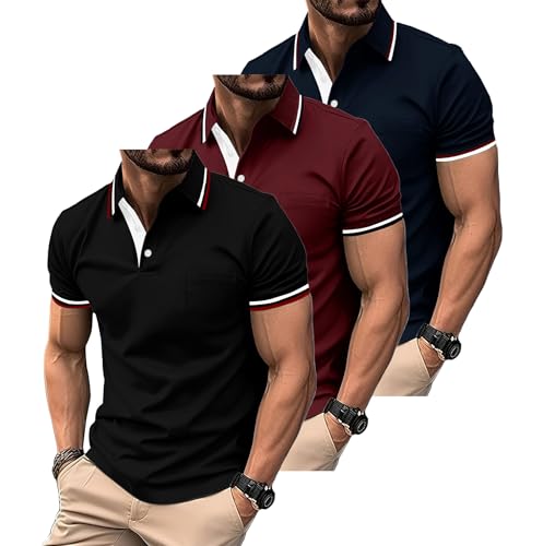 ZITY Polo para Hombre Paquete de 3 Polo Manga Corta Camiseta Golf Trabajo Transpirable Camiseta Informal con Bolsillo Verano Tres Piezas T Shirt para Vacaciones