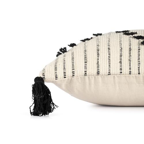 Image of Wakefit Designer Cushion Cover | 16x16 inch| Cotton Fabric on Front & Back | Tassel Drip | Pack of 1 | Off White and Black