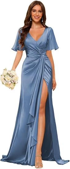 kopptioo Women's Satin Bridesmaid Dresses V Neck Ruched Short Sle...