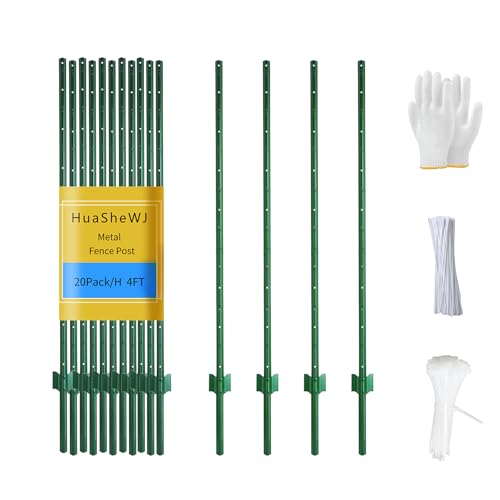 Metal Fence Post 4 Feet Green Pack of 20 T Post for Wire Fence No Dig Steel U Posts Fencing for Lawn Garden Wire Mesh Fences Poles Sign Outdoor