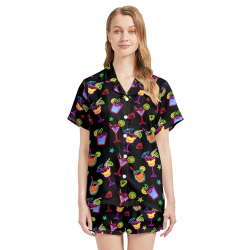 Image of Silk Satin Pajama Set for Women Summer Lounge Pjs Sets 2 Piece Suit Ladies Button Down Tops And Shorts Sleepwear