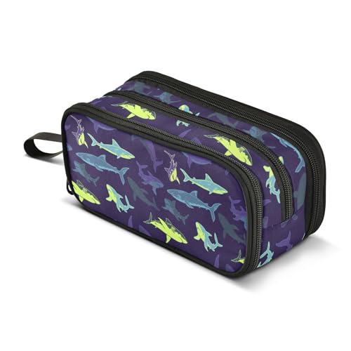 Image of Pencil Case Large Pen Bag with Zipper Cartoon Shark | 3-Compartment Aesthetic Pencil Pouch Stationery Storage and Organizer, Marker Case School Supplies for Teen Adult Girls Boys