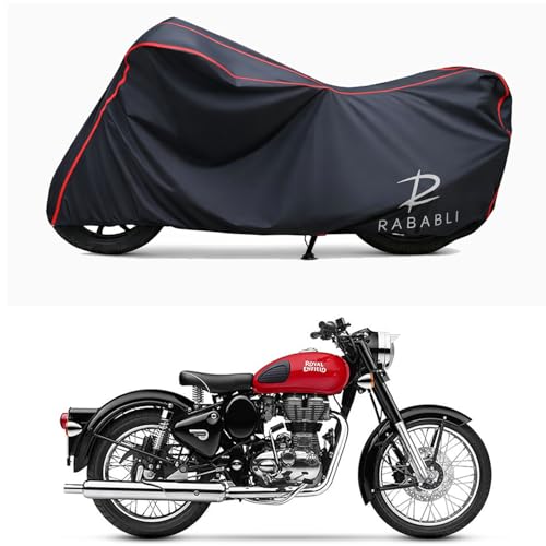 Image of Waterproof Bike Body Cover Compatible for | Royal Enfie Bullet 350 | Taffeta Fabric, Red Piping Design, Bottom Elastic Fit | Dustproof, Sun UV & Rain Protection for All Bikes