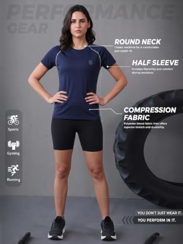 Image of CHKOKKO Women's Compression Gym T-Shirt for Running, Workout, Training, Sports & Activewear | Quick Dry Breathable Stretch Fabric | Body Fit Half Sleeve Athletic Sports Tee for Women