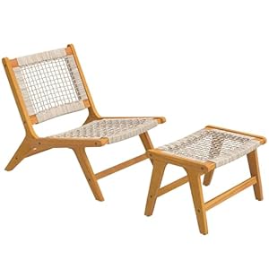 Outsunny Gartensessel mit Hocker 2-teilig Akazienholz Outdoor Loungesessel mit Rattan-Sitz Boho-Stil verstellbare Füße, Polyrattan Lounge Set bis 160 kg Gartensessel für Garten Balkon Beige