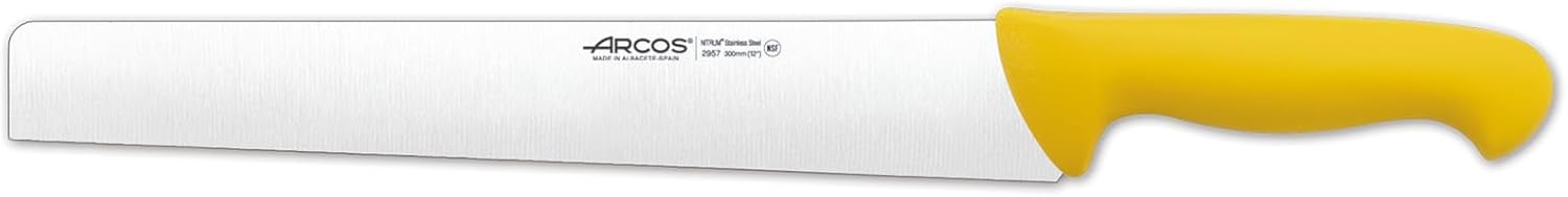 Arcos Salami Knife 12 Inch Nitrum Stainless Steel and 300 mm blade. Ergonomic Polypropylene Handle. Series 2900. Features different handle colors to make it easier for each food group. Color Yellow.