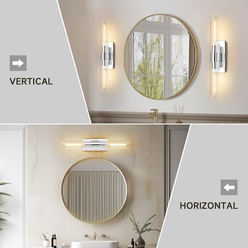 Image of Wall Sconces Set of 2, 22.8 inch Chrome Bathroom Sconces, Indoor Sconces Lighting with Glass, Nickel Vanity Lights with Tube, Dimmable Bedroom Bedside Wall Light for Dressing Table Staircase
