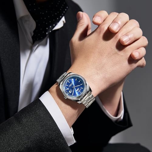 Image of London Fog Oxford Collection Analog Quartz Watch for Men with Round Dial and Stainless Steel Strap, Fluted Metal Case, Day & Date Display, Luminous Hands & Hour Markers & Water Resistant