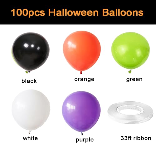 Image of 100pcs Halloween Balloons w /Ribbon 12 Inch for Halloween Party Decorations | Black Orange White Purple Green Balloons for Halloween Party Decorations