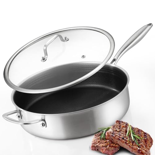 Image of DELARLO Tri-Ply Stainless Steel 7QT Jumbo Cooker Saute Pan With Lid, Nonstick 12.5 Inch Deep Frying Pan, Induction Large Skillet, Cooker Pan for Chefs, Dishwasher & Oven Safe