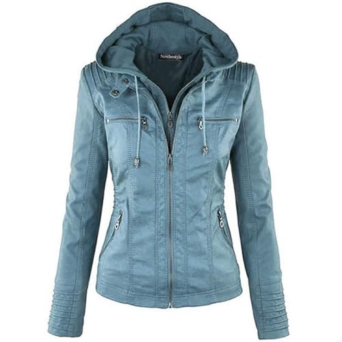 Newbestyle Femme à Capuche Veste Simili Cuir Femme Moto Style Manteau,Blue,XL