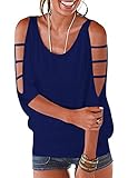 Womens Summer Navy Blue Cold Open Shoulder Tops Sexy Casual 2025 Trendy 3/4 Sleeve T Shirts Ladies Cute Scoop Neck Batwing Dolman Blouses Fashion Clothes L