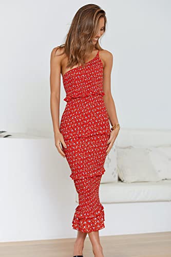 Image of PRETTYGARDEN Women's Summer Midi Bodycon Dresses One Shoulder Strappy Tiered Ruffle Floral Boho Sun Dress