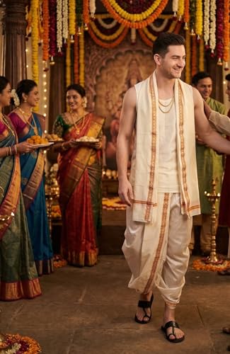 Image of Rameshwaram Fabrics Mens Ready to Wear Silk Dhoti with Angwastra Set - Pocket Dhothi