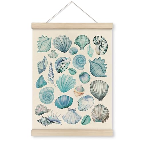 Image of HRQKO Bluey Coastal Cowgirl Wall Art Poster Hanger Frame, Seashell Wall Decor, Preppy Wall Decor, Beach seashell Art with Wooden Frames, Seashell Wall Hanging Decor for Teen Girls Room, 12x16 Inch