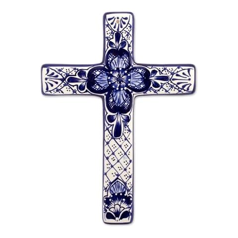 NOVICA Handcrafted Ceramic Wall Cross Talavera Style from Mexico Blue Ivory Decor Crosses Floral Cover