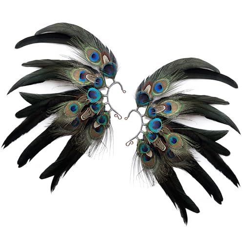 Peacock Feather Handmade Ear Cuff,peacock feather earrings,wedding ear cuff,Festival earrings,Long peacock feathers,Tribal,Natural feathers(A pair) - Main Image