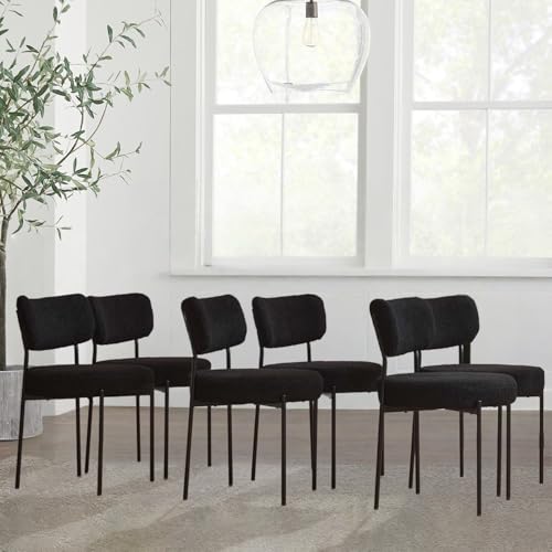 Black Boucle Dining Chairs Set of 6, Mid Century Modern Chair Set with Upholstered Sherpa, Kitchen Chairs with Curved Backrest & Metal Legs, Round Velvet Dining Room Chairs with for Living Room