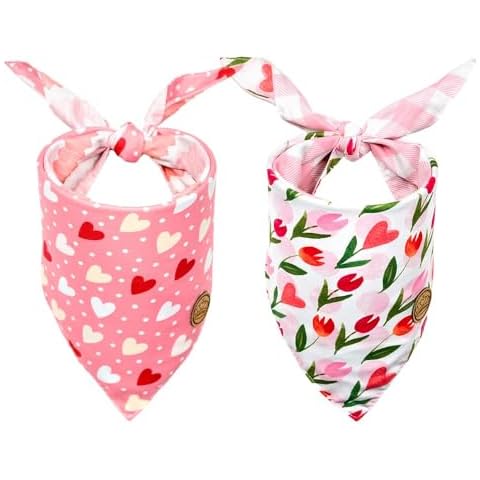 CROWNED BEAUTY Valentines Day Dog Bandanas Reversible Large 2 Pack, Floral Heart Set, Pink Buffalo Plaid Adjustable Triangle Scarves for Dogs Girl Boy Pets DB87-L Cover