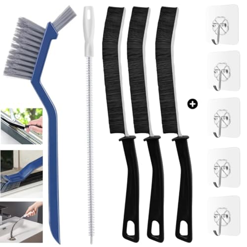 5 Cepillos Limpieza Hogar + 5 Colgadores Adhesivos | Cepillo para Limpiar Juntas | Cepillo Limpieza Grietas | Cepillos Cerdas Duras Rincones | Limpieza Baños, Cocinas, Azulejos (5, Black)
