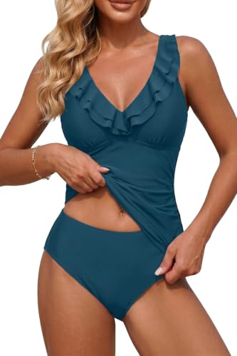 Image of Yonique Womens Two Piece Swimsuits - Ruffle Flounce Tankini Tummy Control Bathing Suits V Neck Swimwear