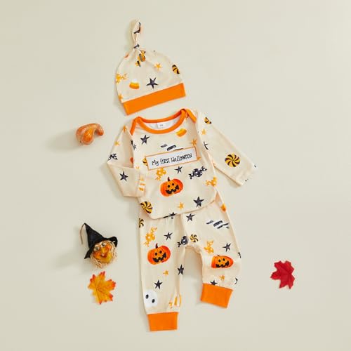 Newborn First Halloween Clothes Baby Boy Pumpkin Romper Outfits Long Sleeve Jumpsuit Pant Hat 3Pcs Suits for Infant Boys Halloween Pajamas Clothing Sets (Orange, 0-3 Months) - Image 3