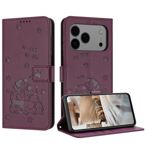 Coque iPhone 17 Pro rabat vin rouge anti rayure étui magnétique cuir chat