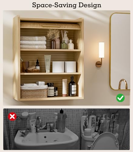 Image of ZttRiee Bathroom Wall Cabinet, Medicine Cabinet with Roll-Up Door & 3 Shelves, Over The Toilet Wall-Mounted Storage Cabinet, Natural