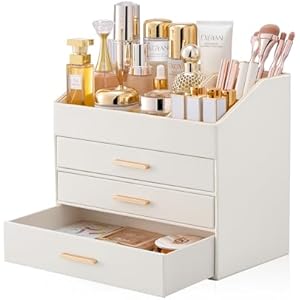 Lolalet PU Leather Makeup Organizer for Vanity Desk, 4-Layer Luxury Make Up Storage Cosmetics Holder Box with Drawers -Cream Cream 4-Layer