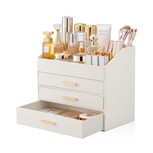 Lolalet PU Leather Makeup Organizer for Vanity Desk, 4-Layer Luxury Make Up Storage Cosmetics Holder Box with Drawers -Cream Cream 4-Layer